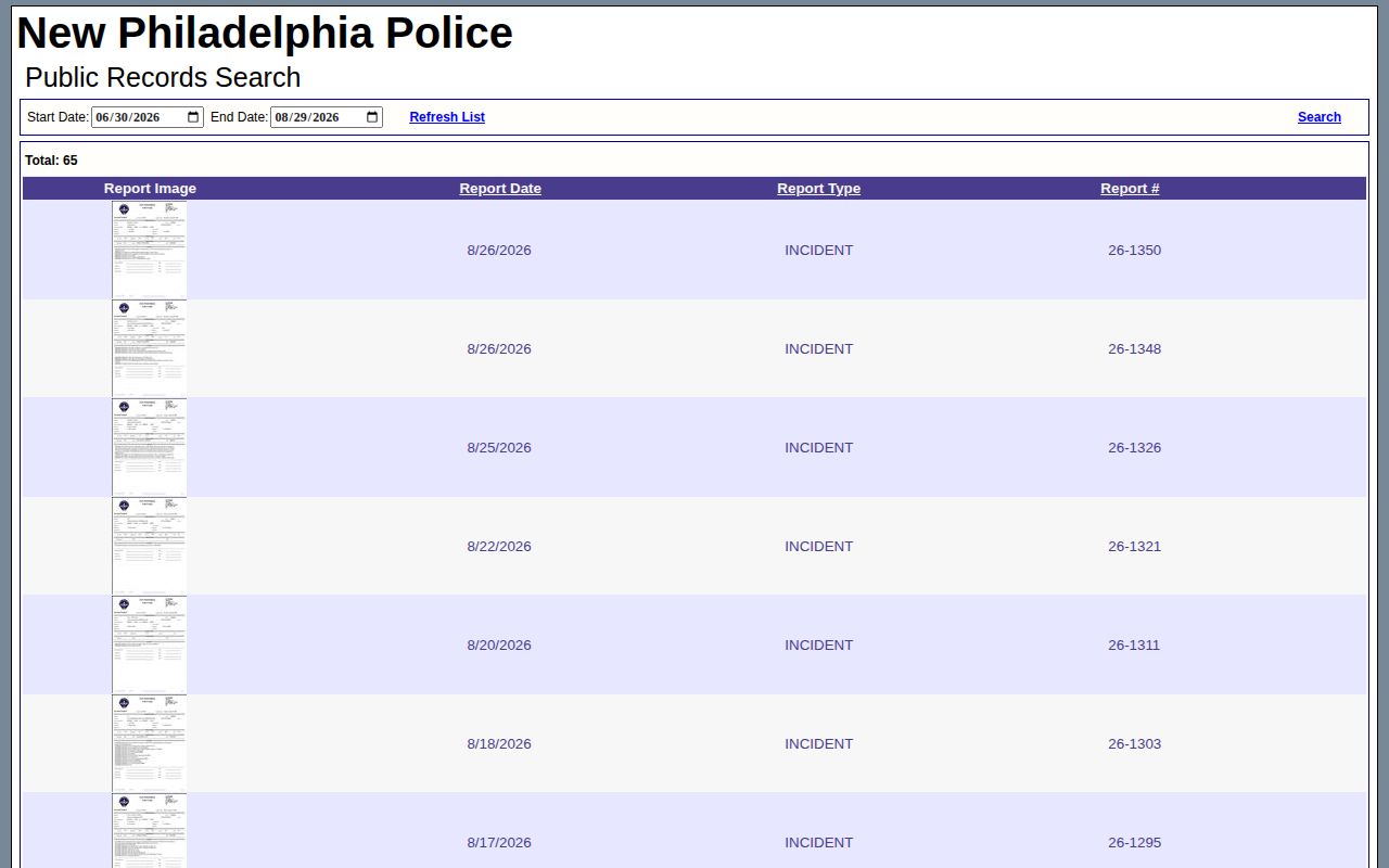 Tuscarawas County New Philadelphia police incident record search