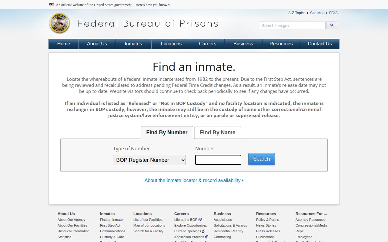 Federal Bureau of Prisons inmate locator for custody records